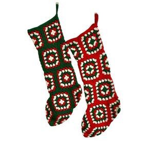Handmade Granny Square Christmas Stocking Set of 2 XL Vintage Green Red White